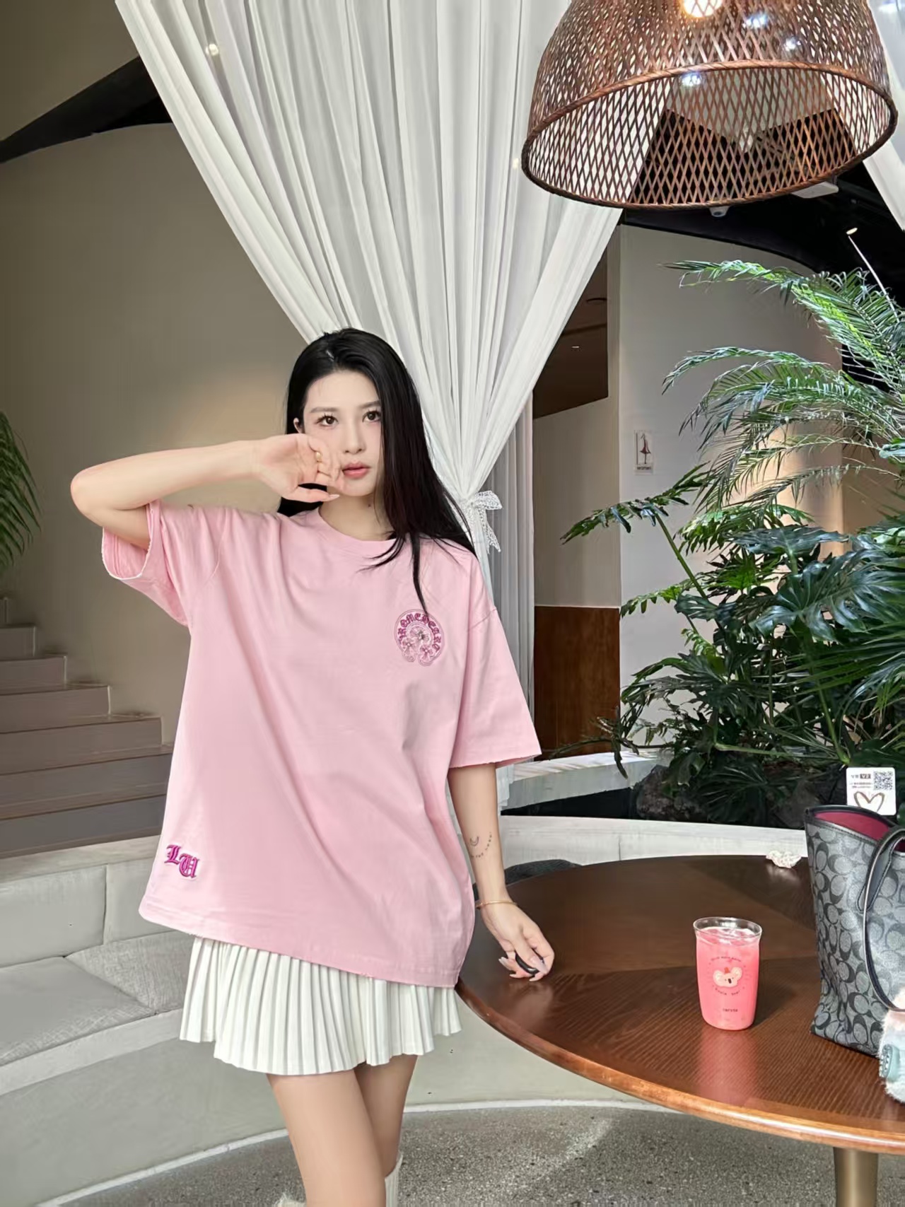 Chrome Hearts Horseshoe Cross Embroidered Tee - Pink h170