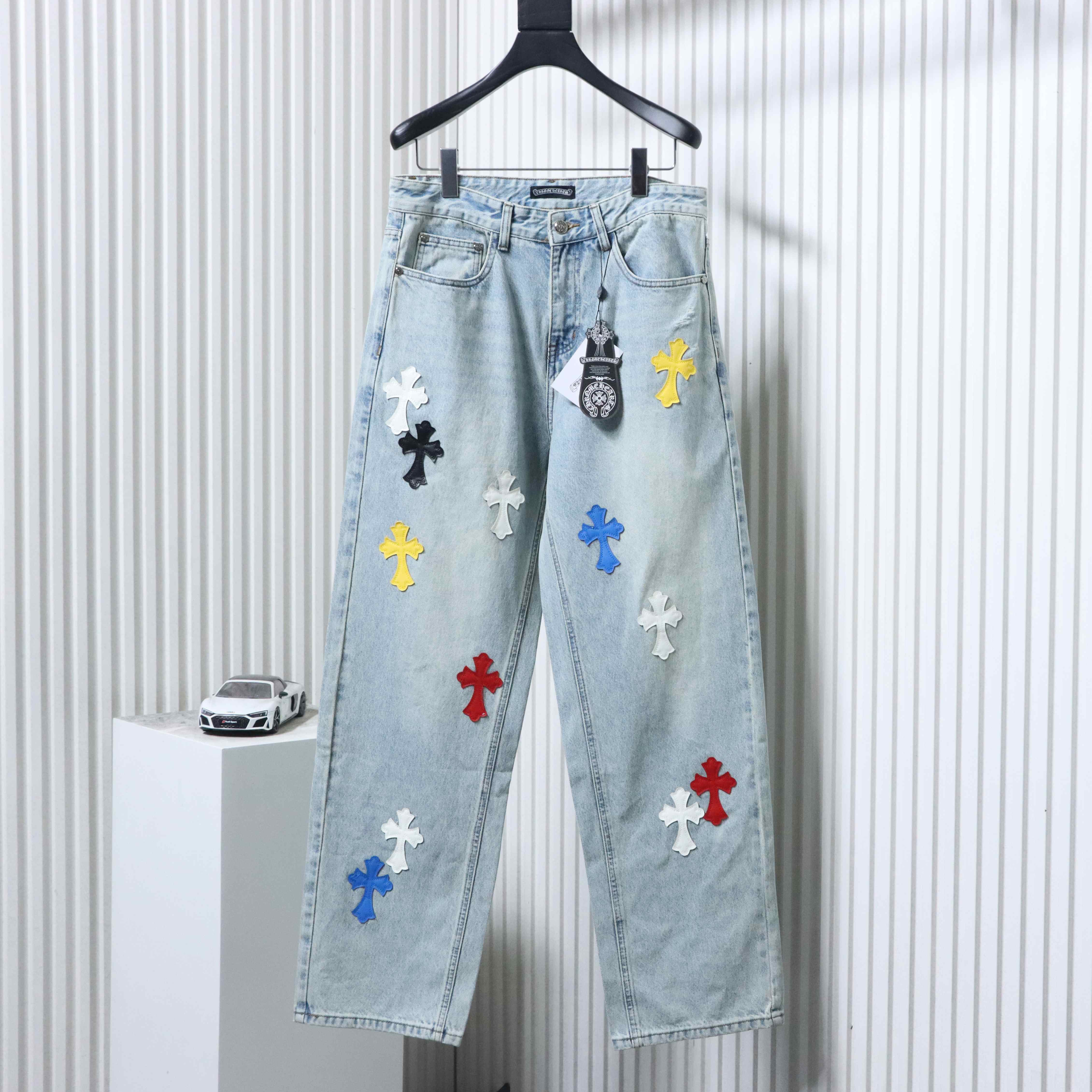 Chrome Hearts Macaron Color Cross Embroidery Jeans - Light Blue h250