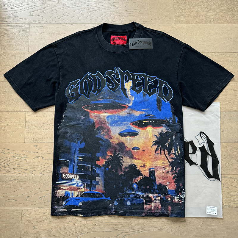 Godspeed UFO Sunset Cityscape Graphic Tee Washed Black P120 1066#