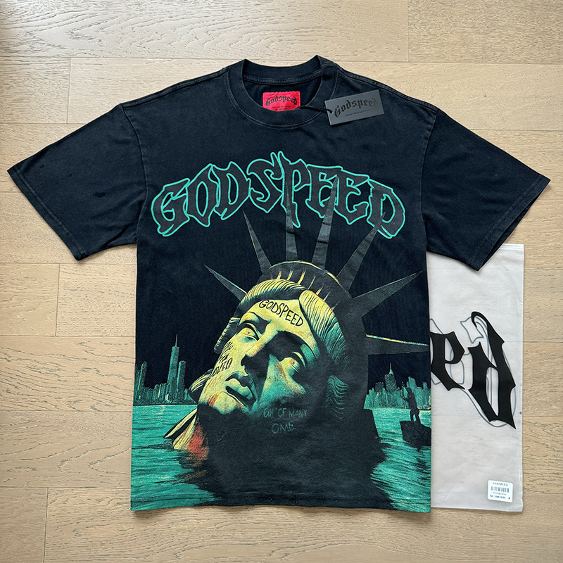 Godspeed Drowned Statue of Liberty Graphic Tee Washed Black P120 1069#