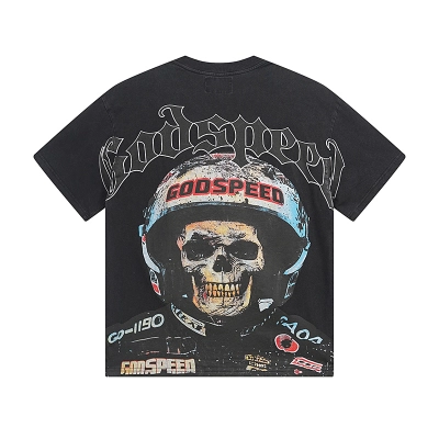 Godspeed Skull Racer Helmet Graphic Tee Washed Black P120 1076# 02
