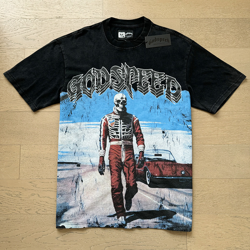 Godspeed Skeleton Racer &amp; Out Of Many One Graphic Tee Washed Black P120 1087#