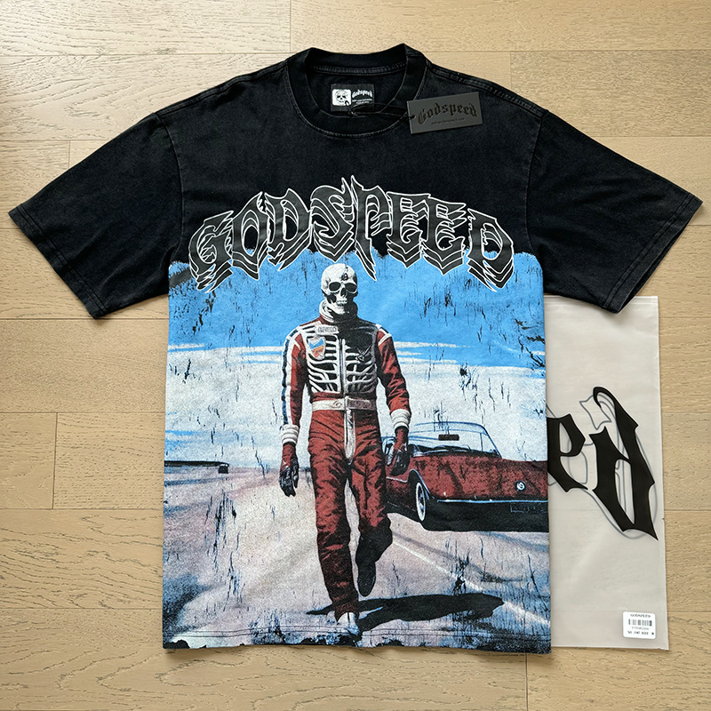 Godspeed Skeleton Racer &amp; Out Of Many One Graphic Tee Washed Black P120 1087#