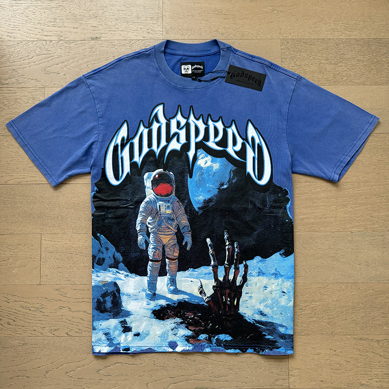Godspeed Astronaut Moon Landing Graphic Tee Washed Blue P120 1123#