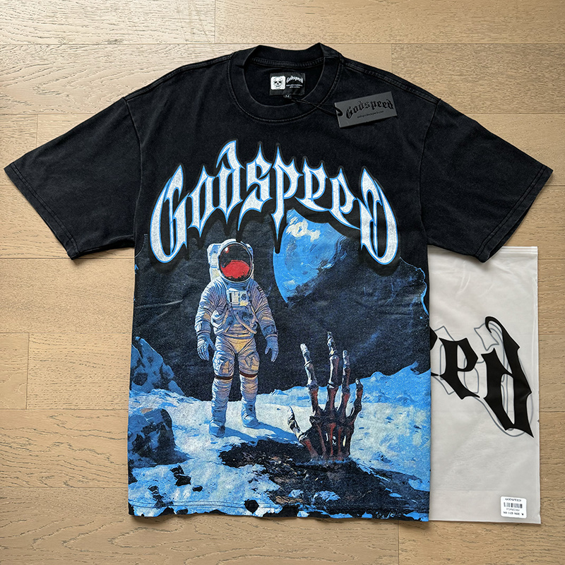 Godspeed Astronaut &amp; Skeleton Hand Graphic Washed Tee - Black P120 1123#
