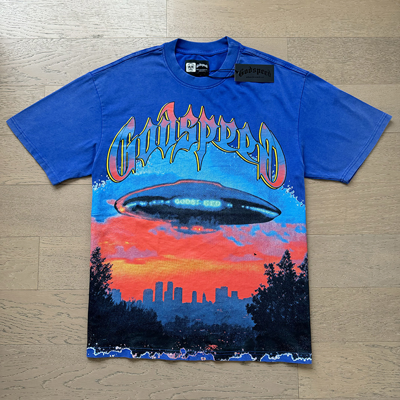Godspeed UFO Sunset Skyline Graphic Washed Tee - Blue &amp; Black P120 1125#