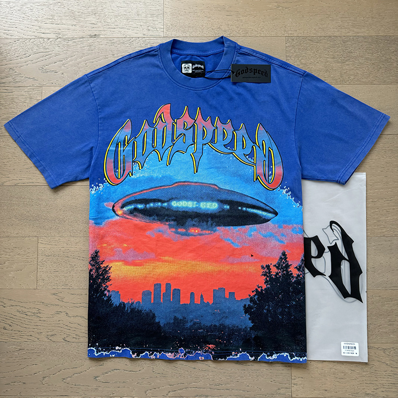 Godspeed UFO Sunset Skyline Graphic Washed Tee - Blue &amp; Black P120 1125#