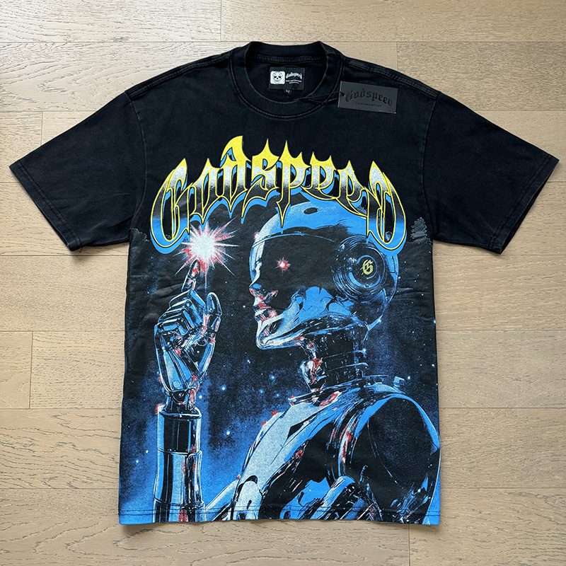 Godspeed Cyberpunk Robot &amp; Blue Gradient GS Logo Washed Black Tee P120 1126#