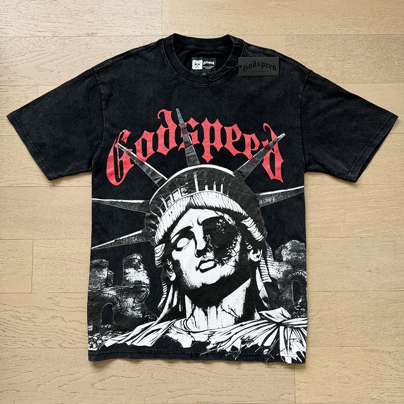 Godspeed Statue of Liberty Graphic &amp; Red Gothic Logo Washed Black Tee P120 1127#