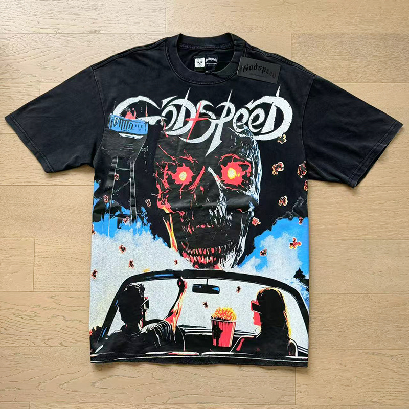 Godspeed Drive-In Horror Skull &amp; Neon Logo Washed Black Tee P120 1135#