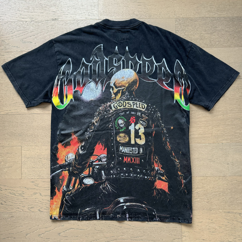Godspeed Biker Skull &amp; Flames Graphic Washed Black Tee P120 1136#