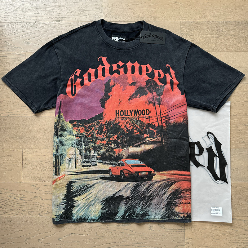 Godspeed Hollywood Sunset Car Graphic Tee Washed Black P120 1163#