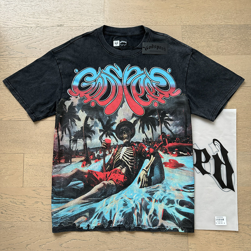 Godspeed Skeleton Pool Party Graphic Tee Washed Black P120 1166#