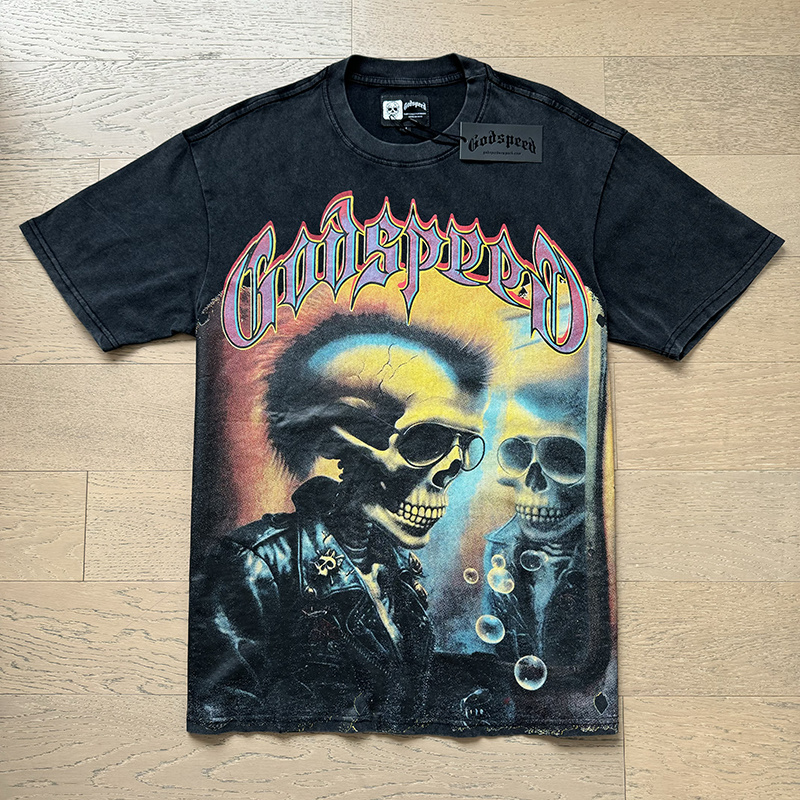 Godspeed Skull Mirror Graphic Tee Washed Black P120 1169#