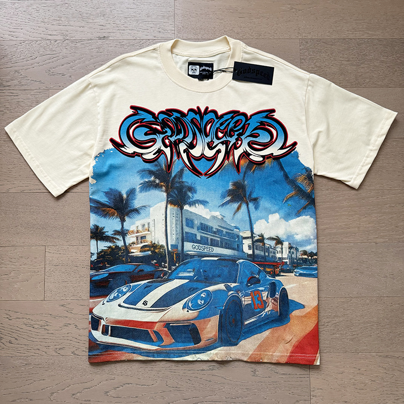 Godspeed Miami Supercar &amp; Blue Eye Graphic Washed Tee - Cream P120 3113#