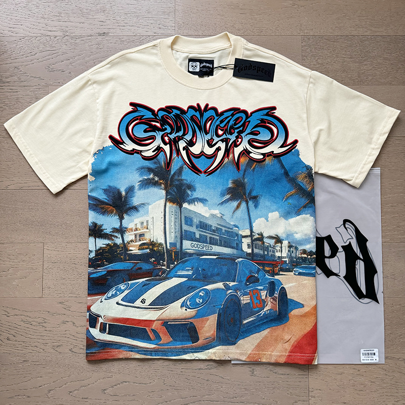 Godspeed Miami Supercar &amp; Blue Eye Graphic Washed Tee - Cream P120 3113#