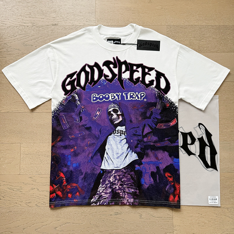 Godspeed Booby Trap &amp; Graffiti Text Graphic Washed Tee - White P120 3115#