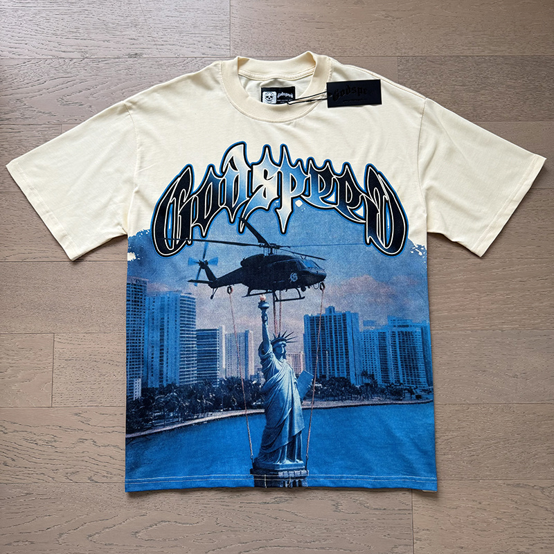 Godspeed Helicopter &amp; Statue Graphic Washed Tee - Cream P120 3116#