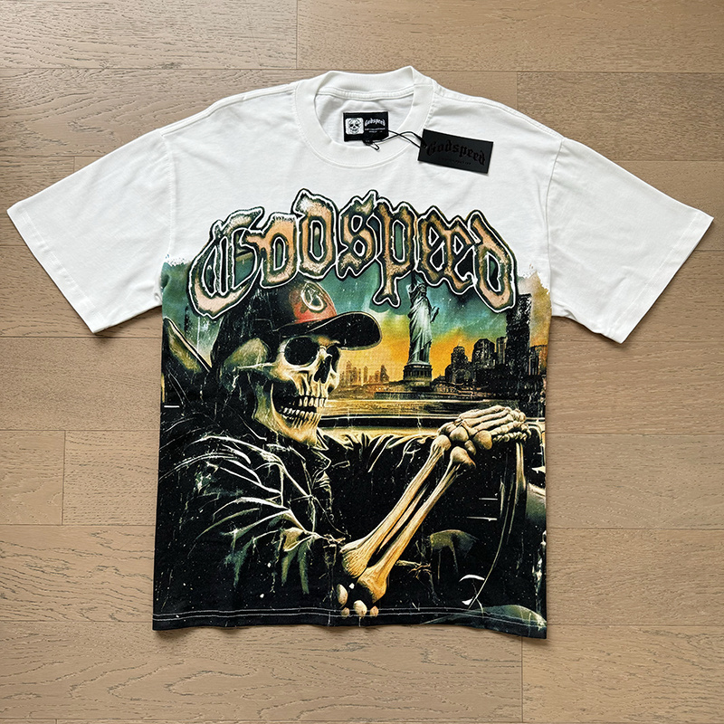 Godspeed Skull Driver &amp; Cityscape Graphic Washed Tee - White P120 3120#