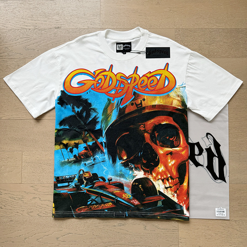 Godspeed Skull Racer &amp; Palm Tree Graphic Washed Tee - White P120 3121#