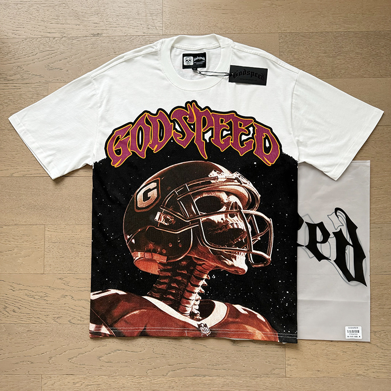 Godspeed Skull Football Helmet Graphic Washed Tee - White P120 3122#