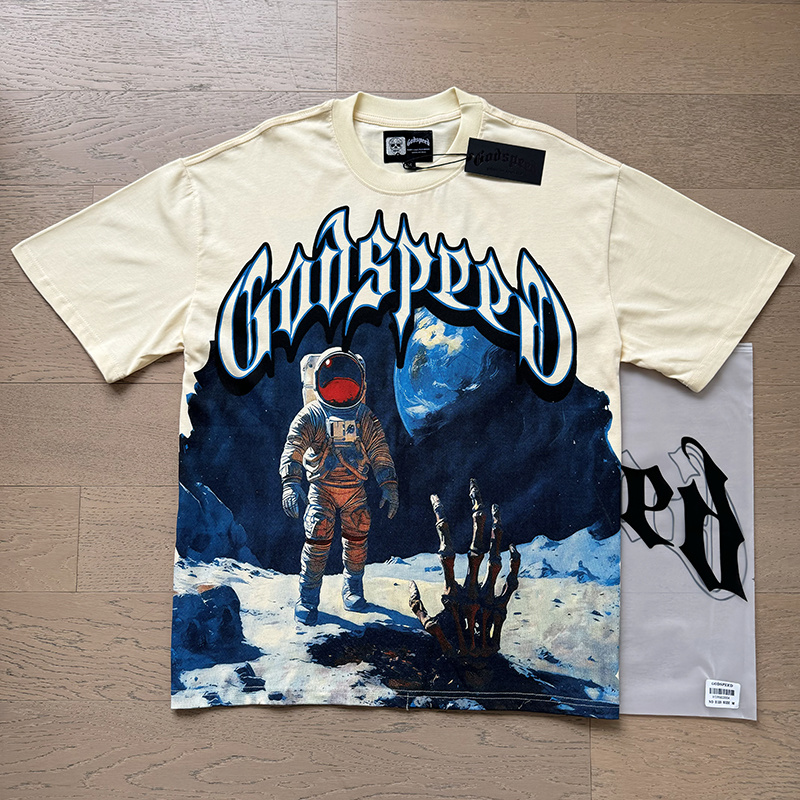 Godspeed Astronaut &amp; Skeleton Hand Graphic Washed Tee - Cream P120 3123#