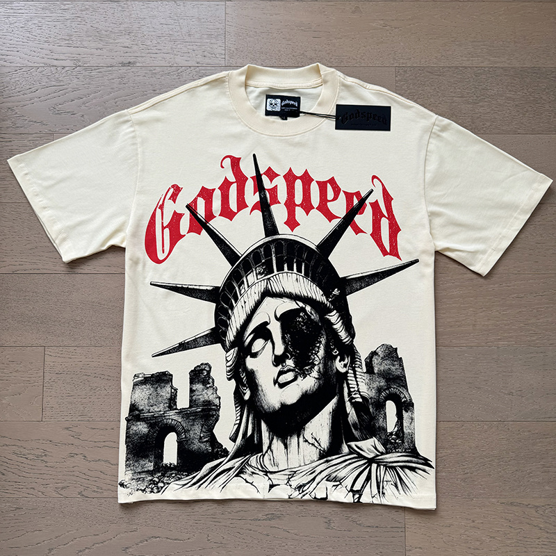 Godspeed Statue of Liberty Ruins Graphic Bone Tee P120 3127#