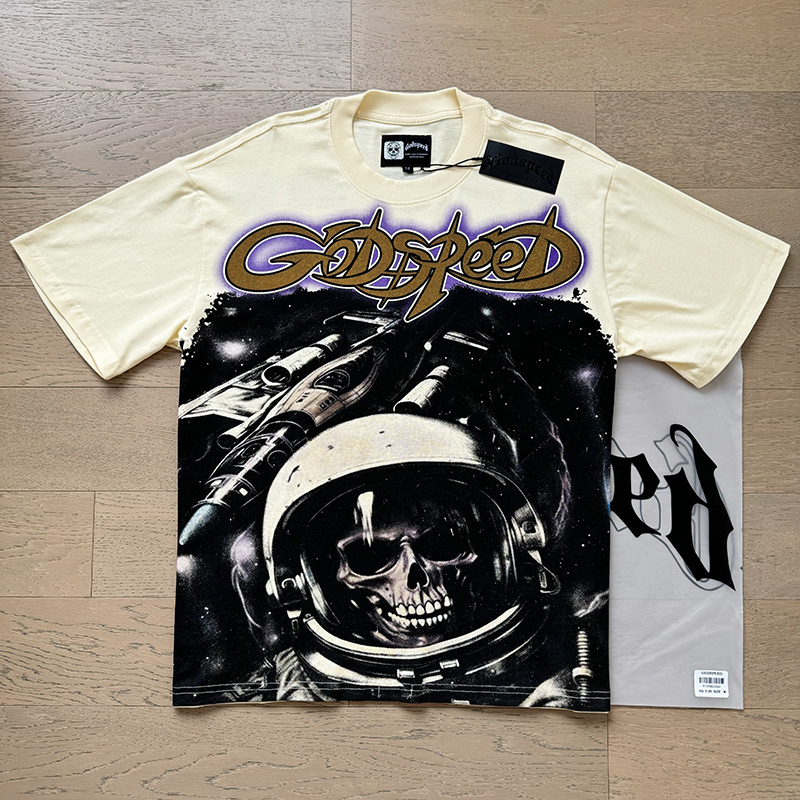 Godspeed Space Skull &amp; Typography Graphic Beige Tee P120 3130#