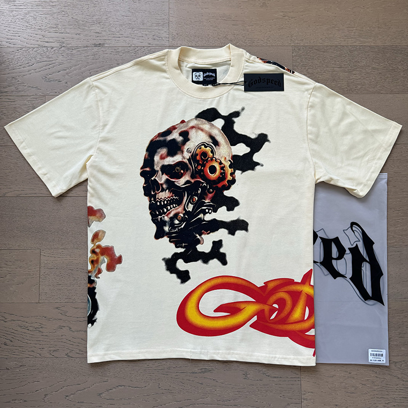 Godspeed Cyborg Skull &amp; Robotic Hand Graphic Washed Cream Tee P120 3132#