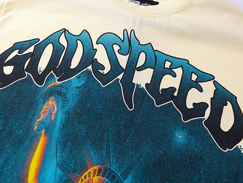 Godspeed Liberty Torch &amp; Mystic Sun Graphic Washed Cream Tee P120 3133#