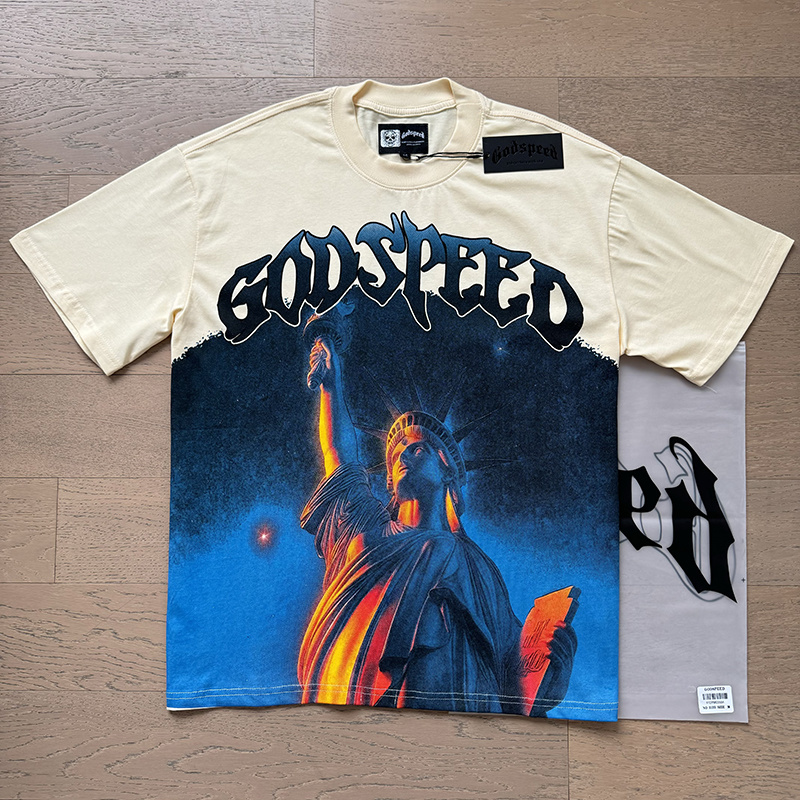 Godspeed Liberty Torch &amp; Mystic Sun Graphic Washed Cream Tee P120 3133#