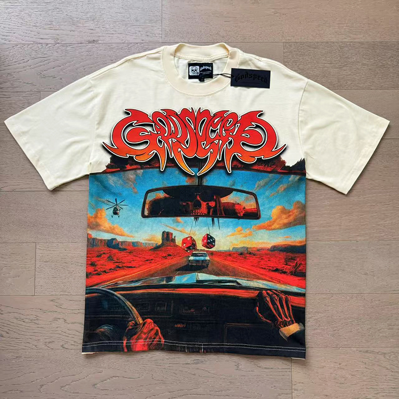 Godspeed Desert Drive &amp; All-Seeing Sun Graphic Washed Cream Tee P120 3137#
