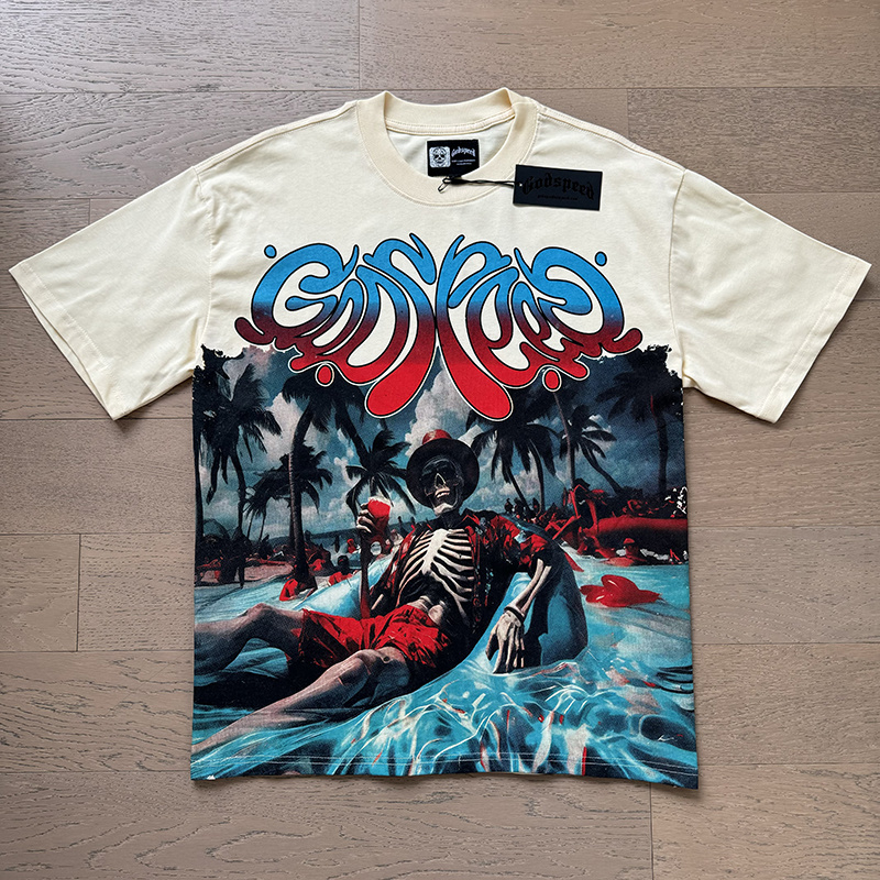 Godspeed Pool Party Skeleton Graphic Tee Natural Beige P120 3166#