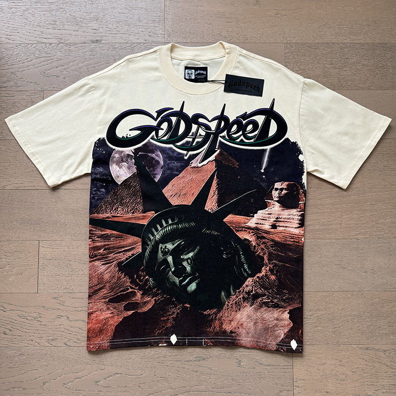 Godspeed Statue &amp; Pyramid Graphic Tee Cream P120 3168#