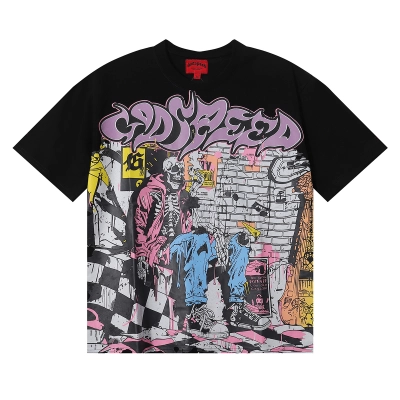 Godspeed Graffiti Wall Skeleton Artist Graphic Tee - Black/Beige P120 7013 02