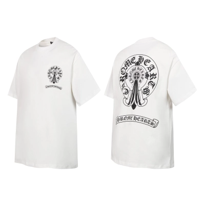 Chrome Hearts Dual Tone Scroll Horseshoe Cross Gothic Print Crew Neck Tee P130 2256 02