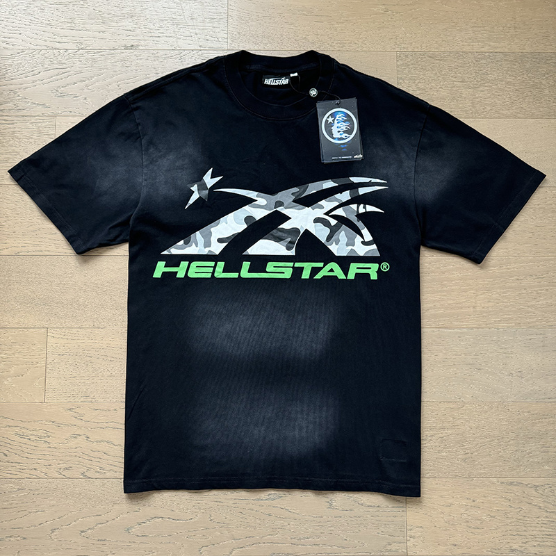 Hellstar Camo‑Print Flame‑Face Black Tee P140 6755#