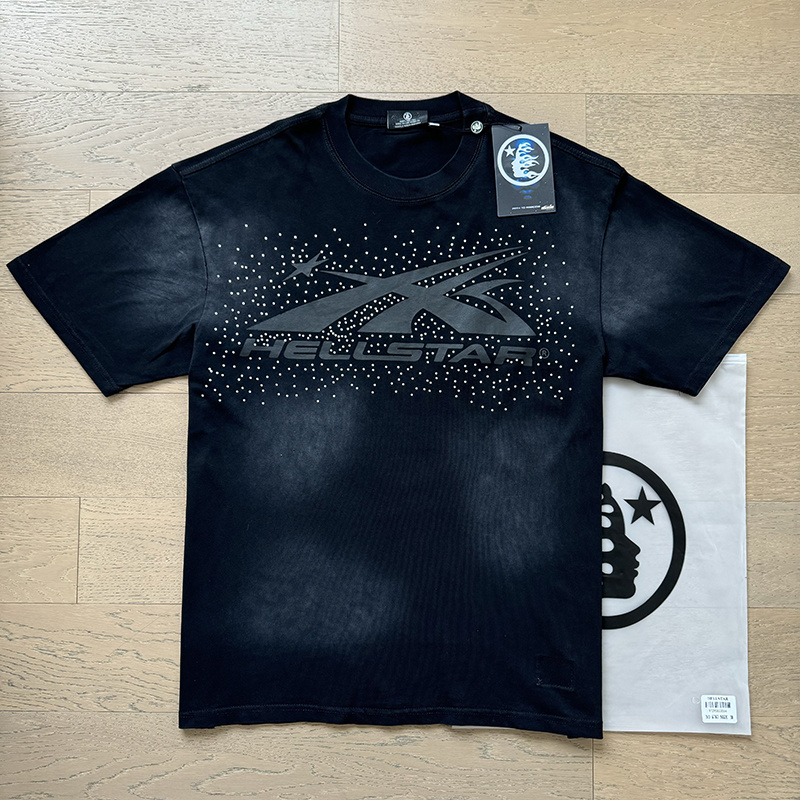 Hellstar Rhinestone‑Logo Flame‑Face Black Tee P140 6767#