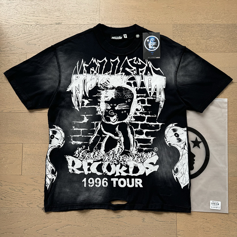 Hellstar 1996‑Tour Cartoon‑Brick‑Print Black Tee P140 6779#