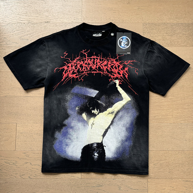 Hellstar Black‑Metal‑Font Figure‑Print Washed‑Black Tee P140 6790