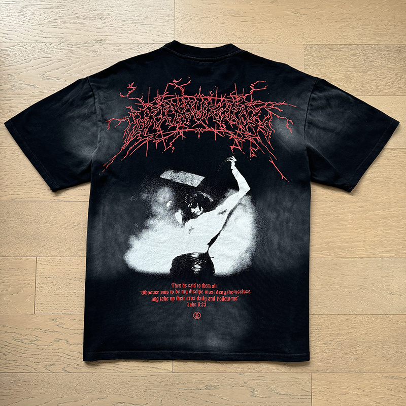 Hellstar Black‑Metal‑Font Figure‑Print Washed‑Black Tee P140 6790