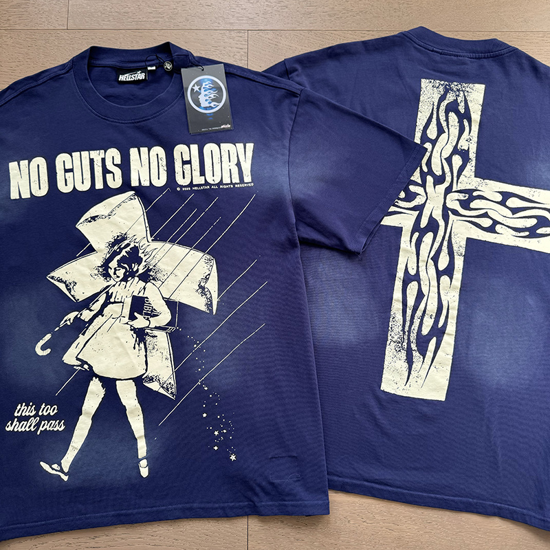 Hellstar No Guts No Glory Salt Girl Cross Graphic Tee Blue P140 6791#