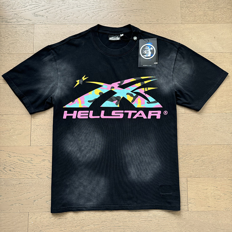 Hellstar Multi Color Camouflage Logotype Flame Silhouette Star Graphic Tee Black P140 6793#