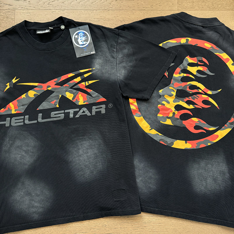 Hellstar Camouflage Logotype Flame Silhouette Star Graphic Tee Black P140 6795#