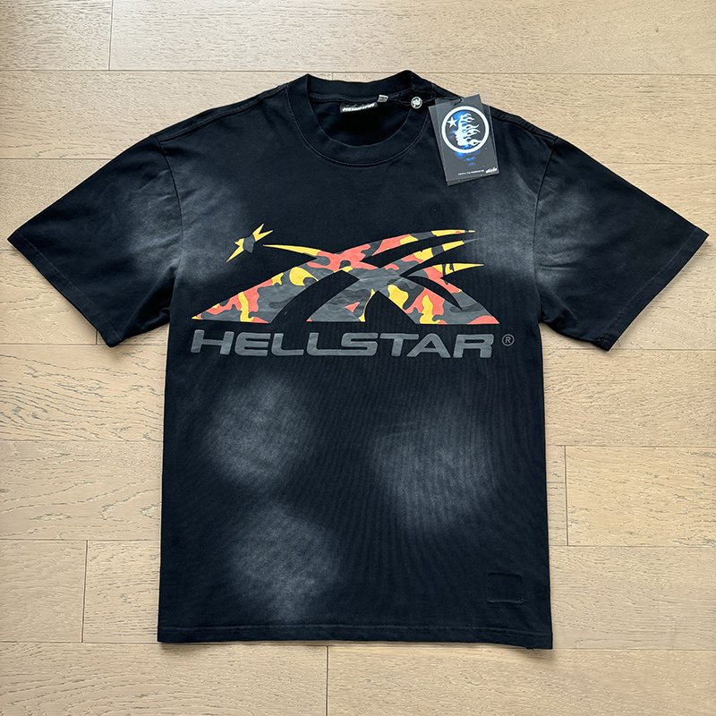 Hellstar Camouflage Logotype Flame Silhouette Star Graphic Tee Black P140 6795#