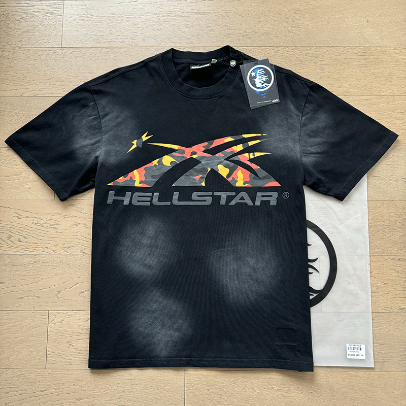 Hellstar Camouflage Logotype Flame Silhouette Star Graphic Tee Black P140 6795#