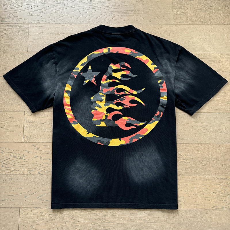 Hellstar Camouflage Logotype Flame Silhouette Star Graphic Tee Black P140 6795#