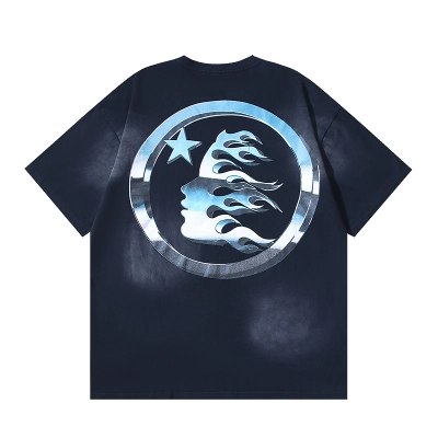 Hellstar Cyber Chrome Logotype Flame Silhouette Star Graphic Tee Black P140 6799# 02