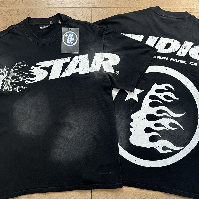 Hellstar Studios Rhinestone Logotype Flame Silhouette Star Graphic Tee Black P140 6800#