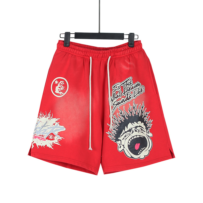 Hellstar Studios Inc. Screaming Flame Washed Shorts - Black/White/Red P150 778#